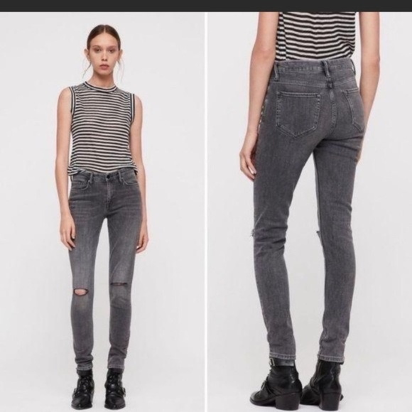Allsaints Women's Black Grace Slashed Skinny Jeans - Picture 1 of 13